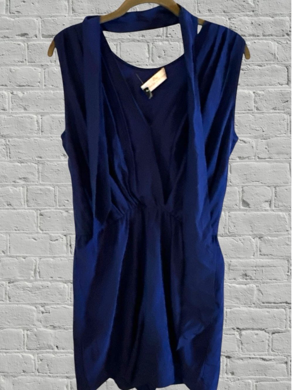 Amanda Uprichard Women’s Navy 100% Silk Sleeveless Tie Waist V-Neck Romper Sz M